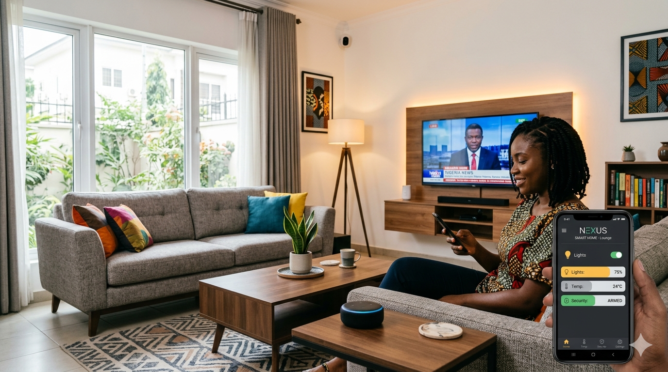 Smart home setup showing voice assistant, smart lighting, security camera, and connected devices in a modern living room Smart home setup showing voice assistant, smart lighting, security camera, and connected devices in a modern living room